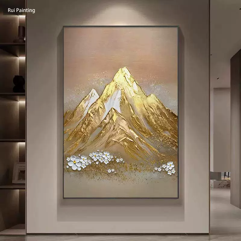 纯手绘日照金山挂画大芬油画浮雕肌理玄关装饰画金箔入户门走廊