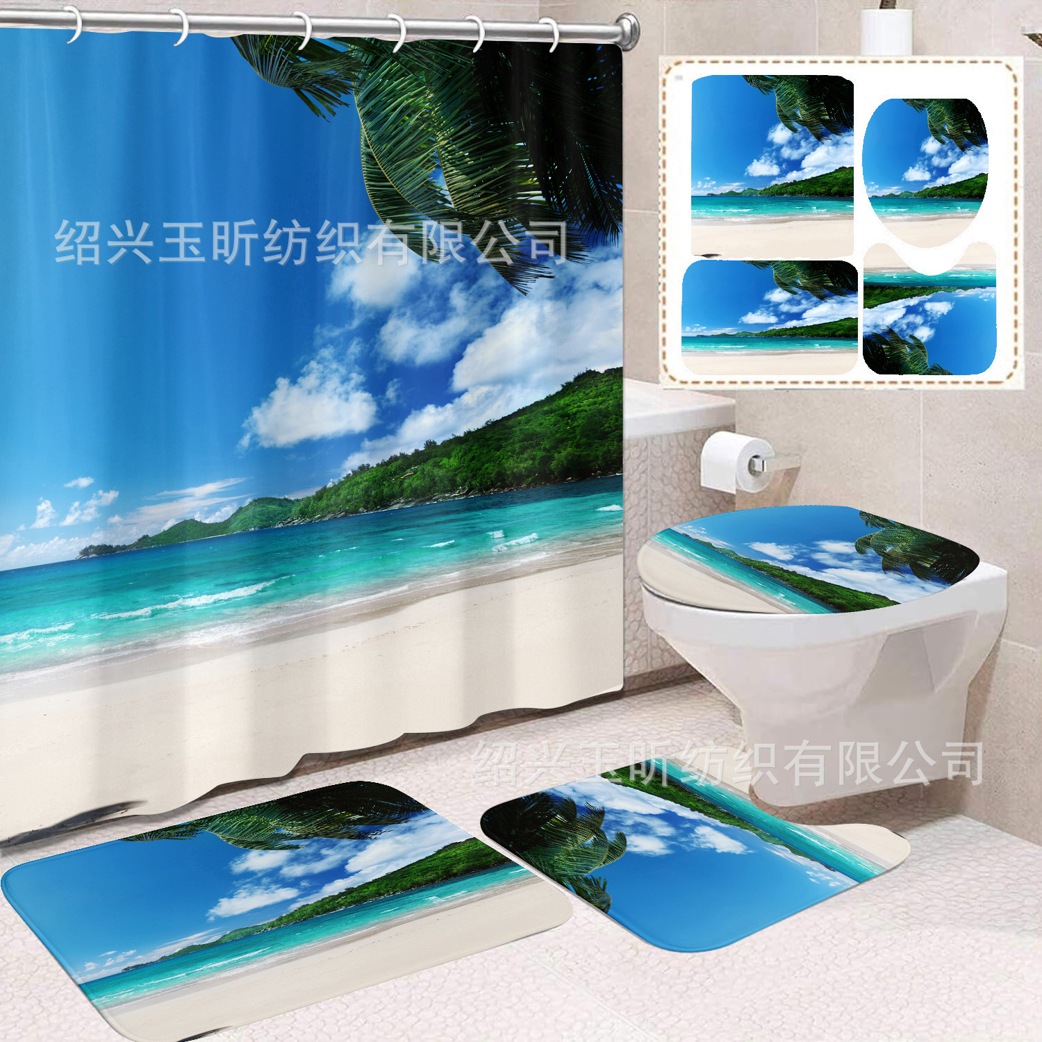 Fábrica directa azul mar de arena impresión digital poliéster tela de baño cortina de baño antimoda cuatro piezas conjunto image 51