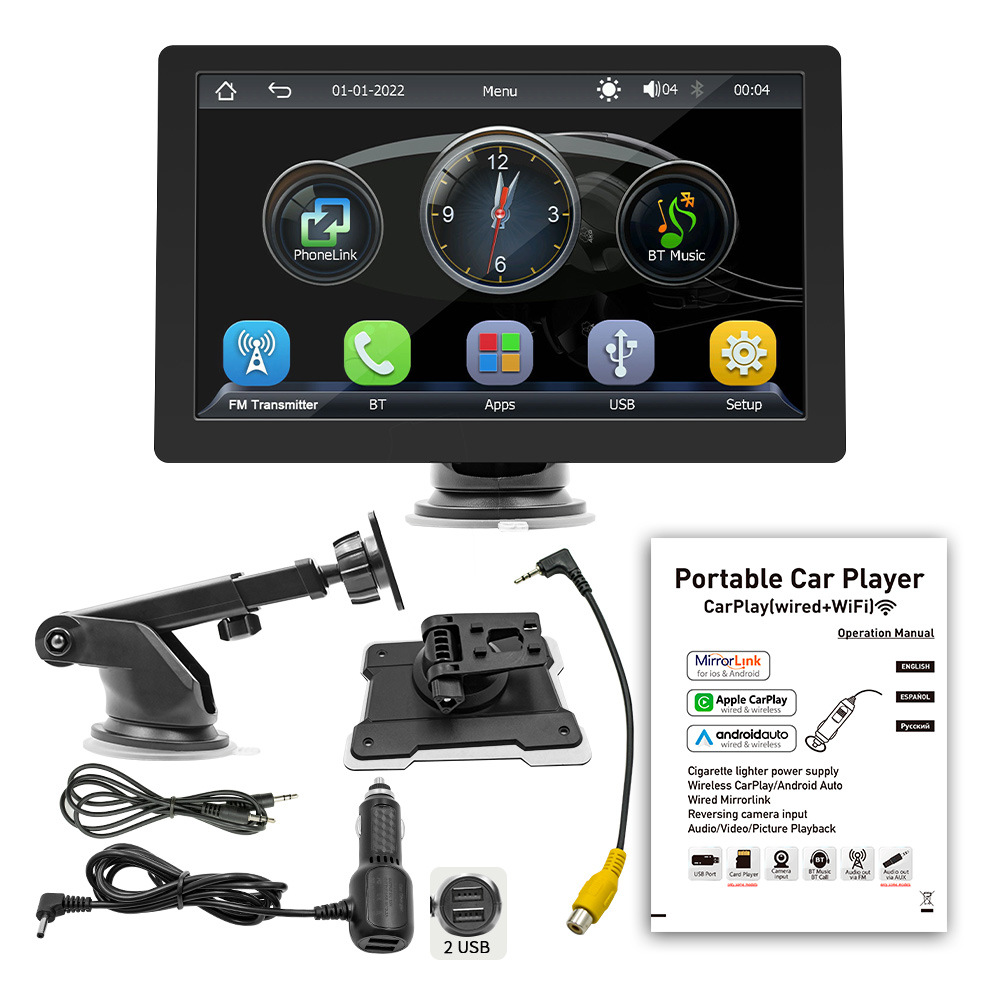 (2개) 9 인치 무선 CARPLAY 휴대용 자동차 블루투스 라디오 HD 대형 화면 디스플레이 B5308