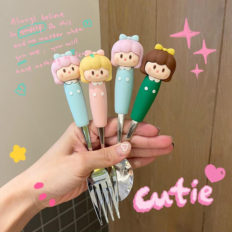 Cartoon Girl Spoon Stainless Steel High-value Home Cute Children Baby Silicone Spoon Fruit Fork Spoon suit
