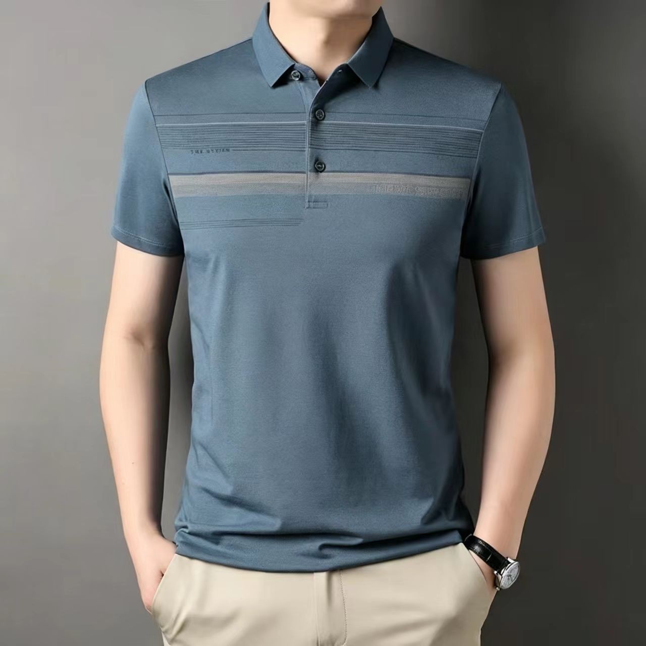 2025夏季男士polo衫商务休闲条纹翻领短袖t恤中老年新款上衣男装