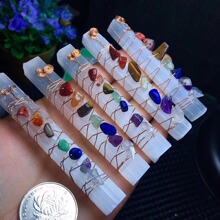 跨境欧美七彩天然水晶碎电镀石膏长条吊坠玉石缠绕铜丝棒摆件
