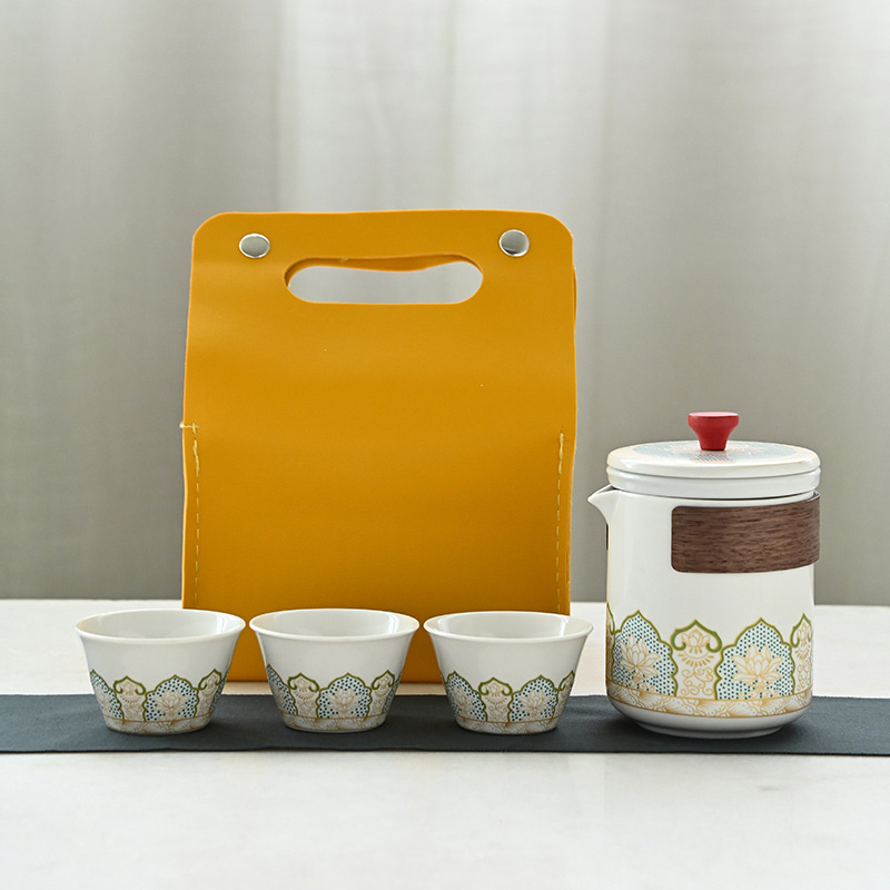 蓝皮包古韵暗香旅行茶具套装便携式陶瓷快客杯户外茶具泡茶壶礼品|undefined