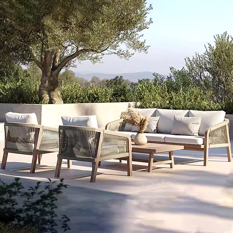 Sofá de ratán al aire libre patio jardín balcón al aire libre B & B ocio aleación de aluminio tejido silla de madera maciza combinación de muebles