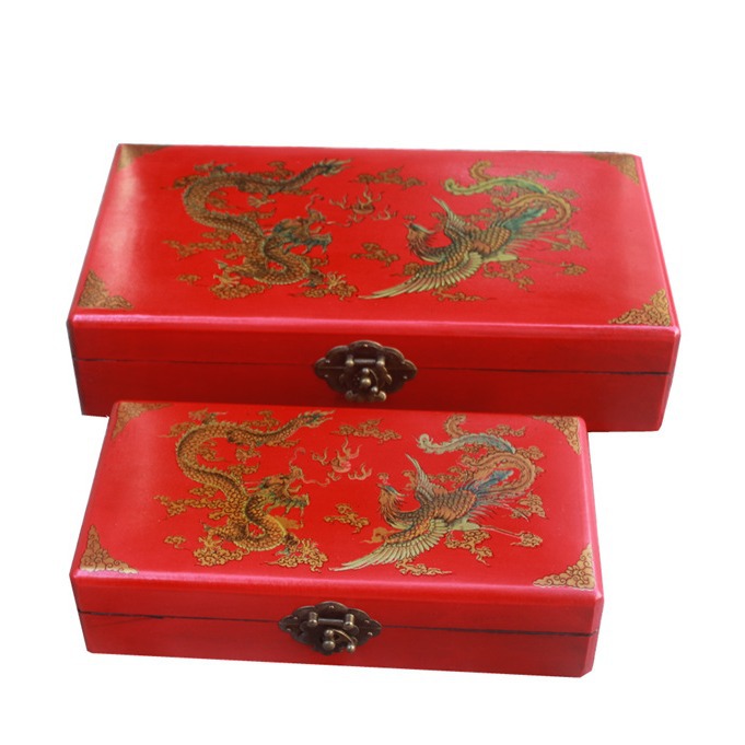 仿古皮盒复古首饰盒收纳箱龙凤图案古香古色证件收纳