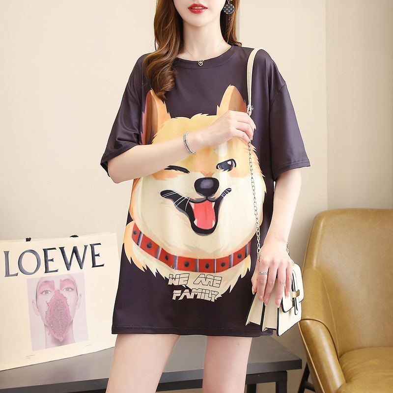 Summer New Korean Cartoon Printed Short-Sleeved T-Shirt Breathable Loose Mid-Length Large Size Cheap Top for Women