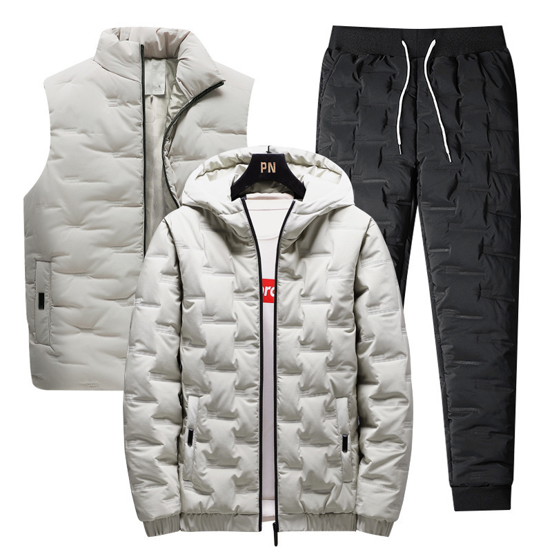 Algodón para hombres grueso abrigo de invierno nuevo abrigo de invierno de tres piezas chaqueta de plumón cálida moda guapo conjunto