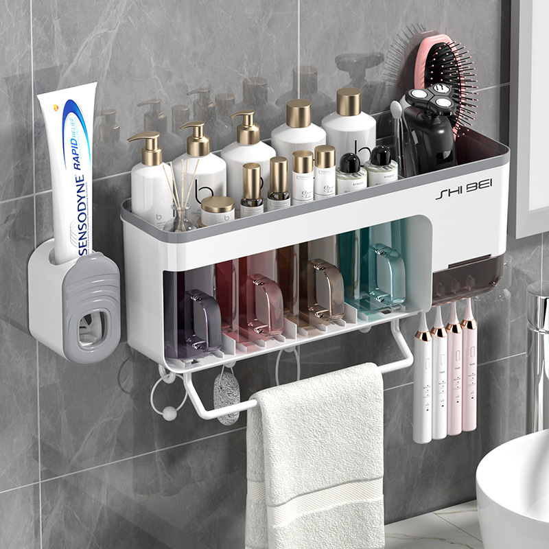 Household Toothbrush Holder Simple Non-Punch Wall Hanging Toothbrush Holder with Towel Bar Toothpaste Device Bathroom Functional Storage Rack