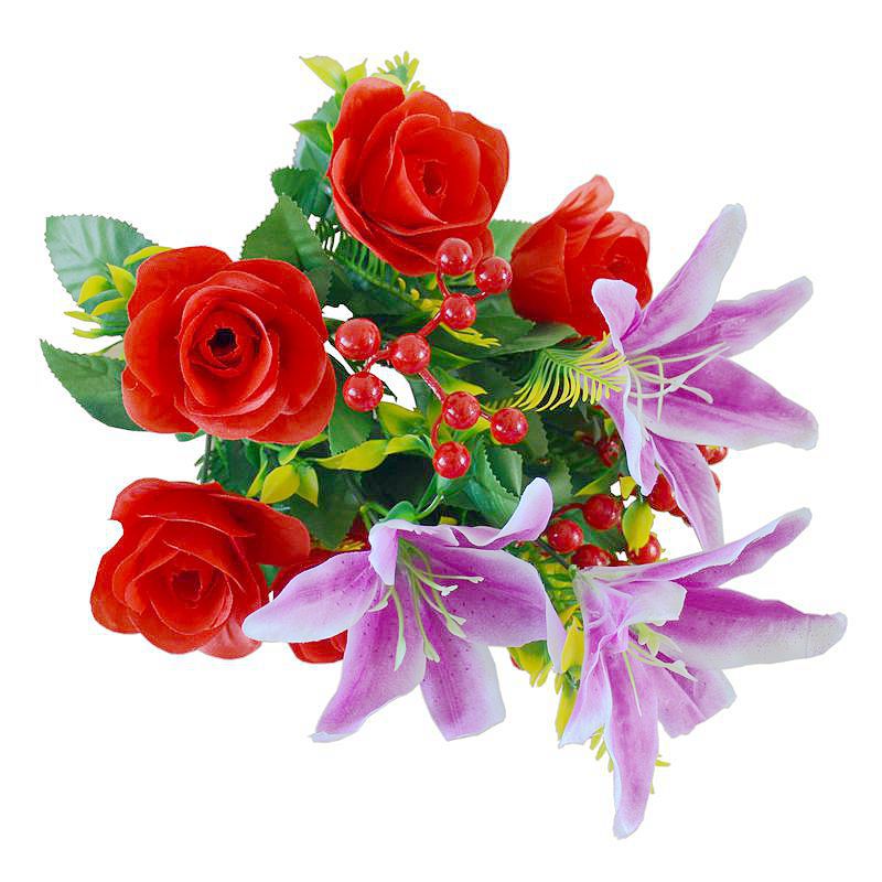 Venta al por mayor del fabricante: Ramo artificial de 12 cabezas de rosas nobles, lirios y frutos auspiciosos para bodas y eventos.