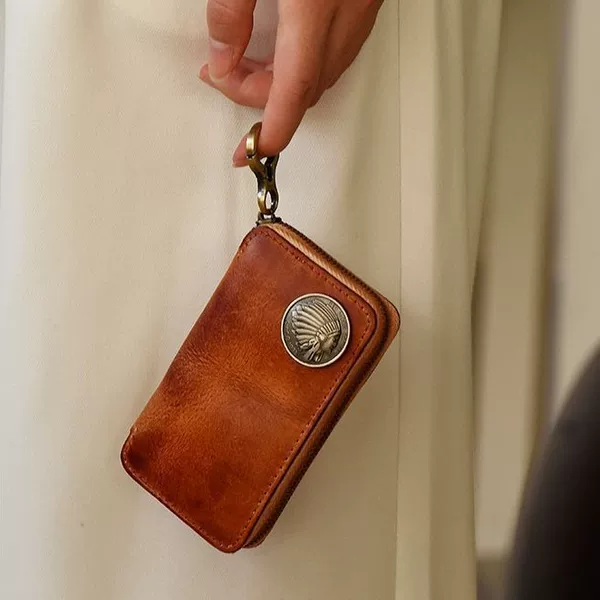 Genuine leather simple zipper key bag for men, waist-hanging multifunctional key bag, large capacity first-layer cowhide women's wallet