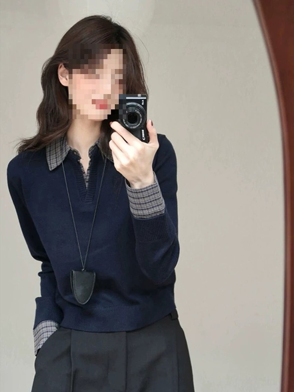 藏蓝色翻领拼接假两件修身针织打底衫春装女款年新款韩系上衣|undefined