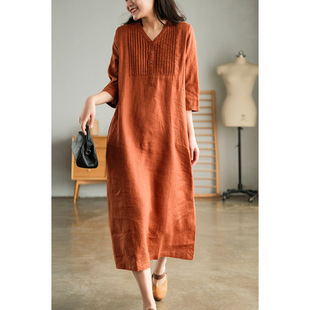 2025 Spring and Summer New Style Literary Linen Three-Quarter Sleeve Fashionable Age-Reducing Fashion V Neck Thin Over-The-Knee Long Dress