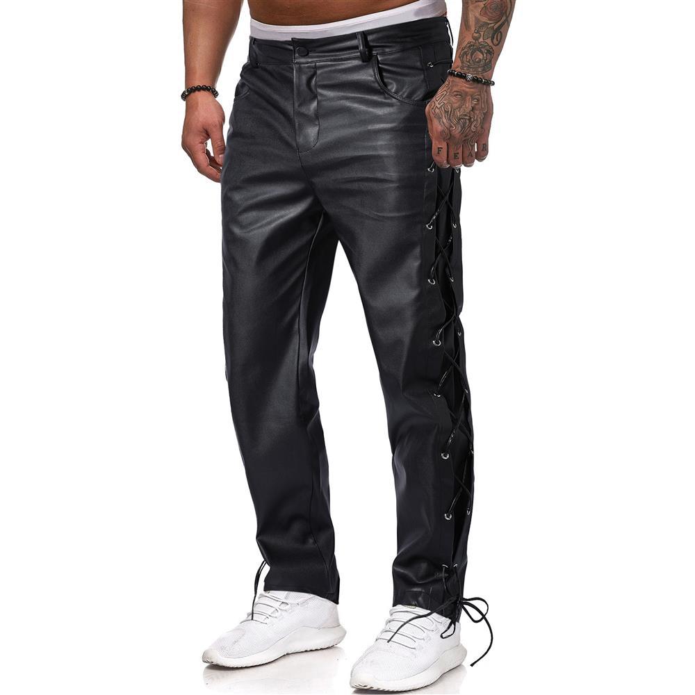 Pantalon en cuir décontracté de grande taille pour hommes avec sangle en PU de couleur unie 2024_voghion.com