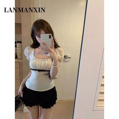 韩系蕾丝拼接蝴蝶结短袖t恤女夏季甜美欲风修身显瘦泡泡袖上衣