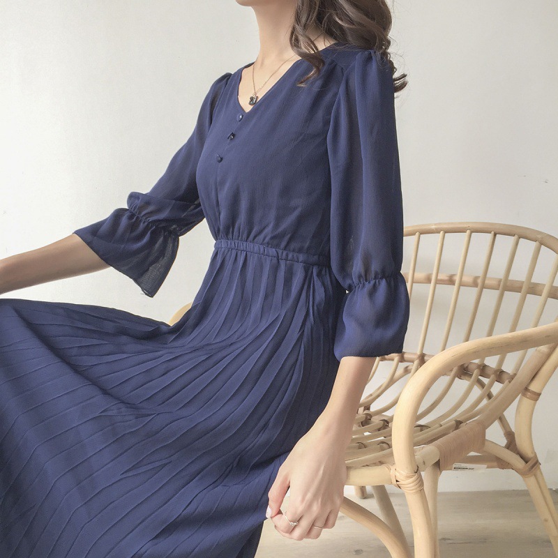 2025夏季日韩修身显瘦气质女雪纺短袖百褶长款连衣裙