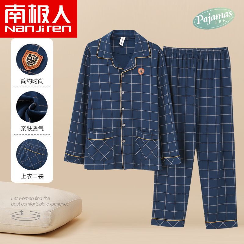 100% pijamas de algodón de primavera y otoño de los hombres de manga larga de solapa más tamaño traje de algodón para el hogar