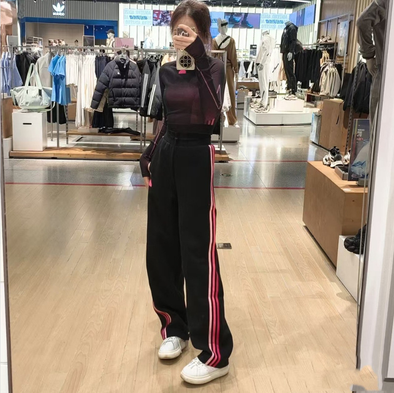 2025春季美式高街黑色条纹运动裤美式三条杠直筒阔腿裤子刺绣|undefined