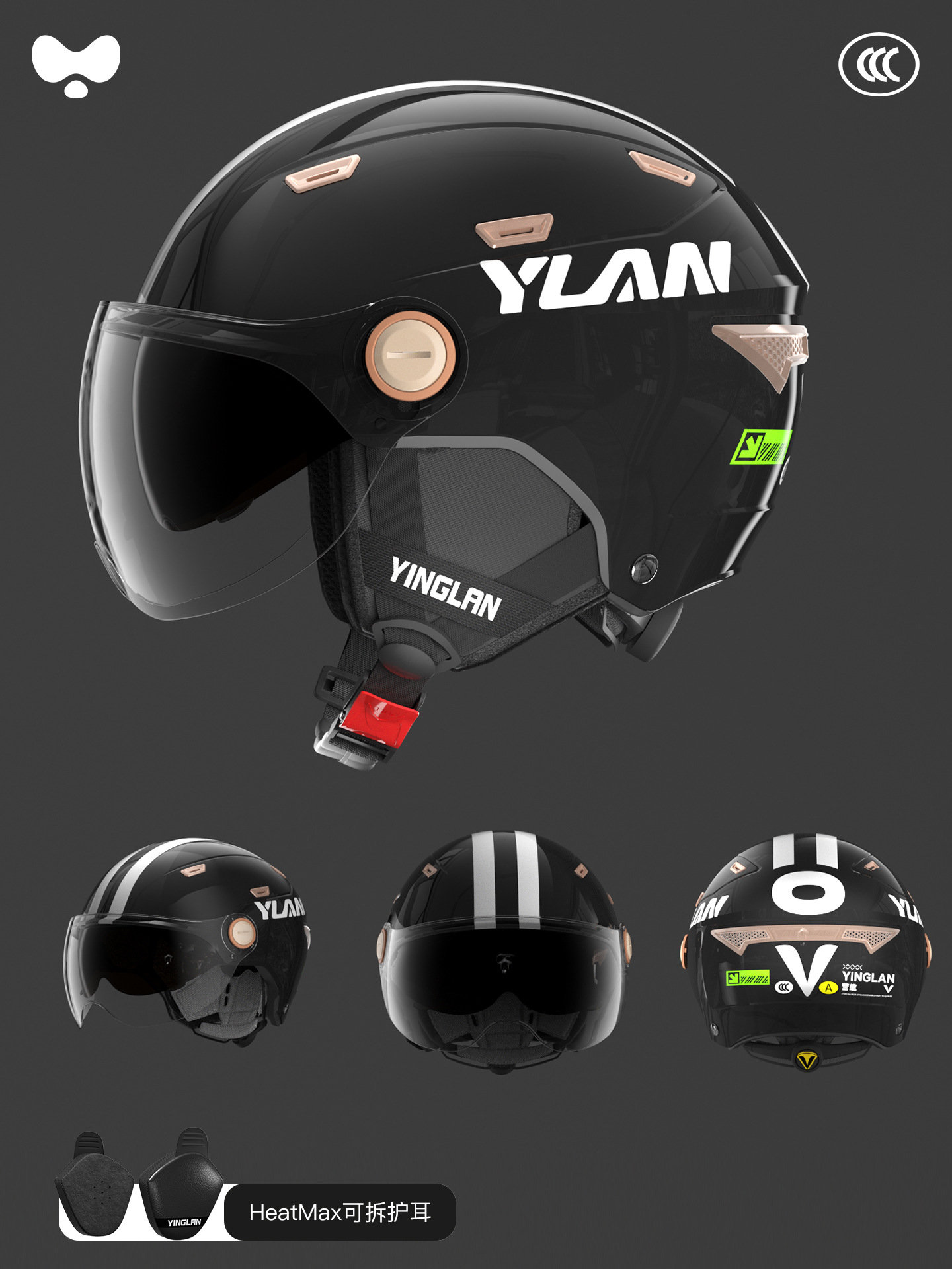 Universal – Motorcycle Half Motosiklet kaskı (dəbilqə) - 3c-obsidian-black-inner-and-outer-dual-visor-heatmax-detachable-earmuffs-one-size