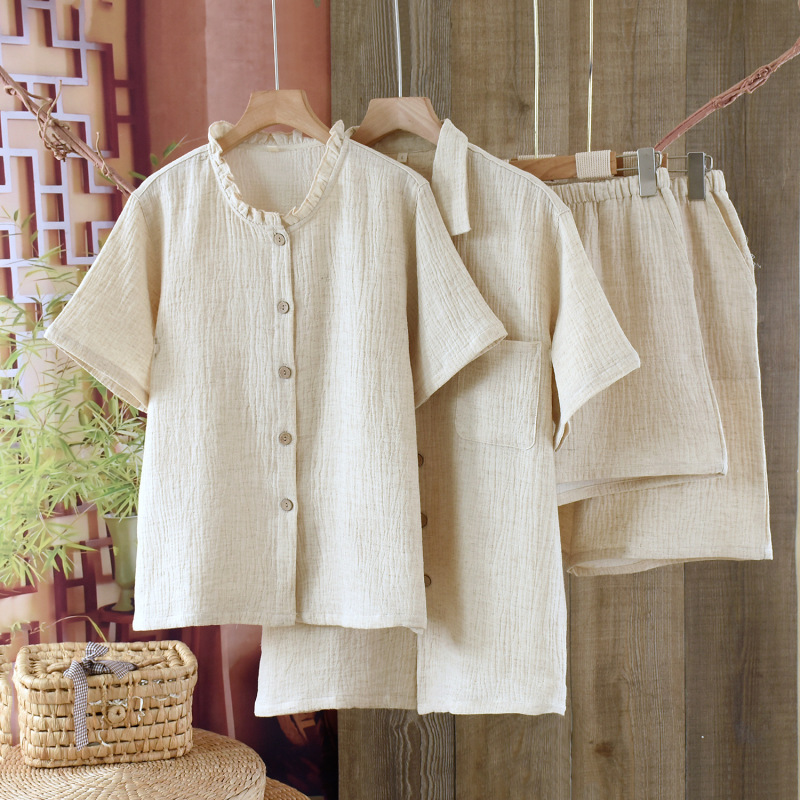 Wuyin Fengfeng Spring and Summer Couple Thin suit Casual Simple Short Sleeve Shorts Men's and Women's Pajamas Linen Home Clothes