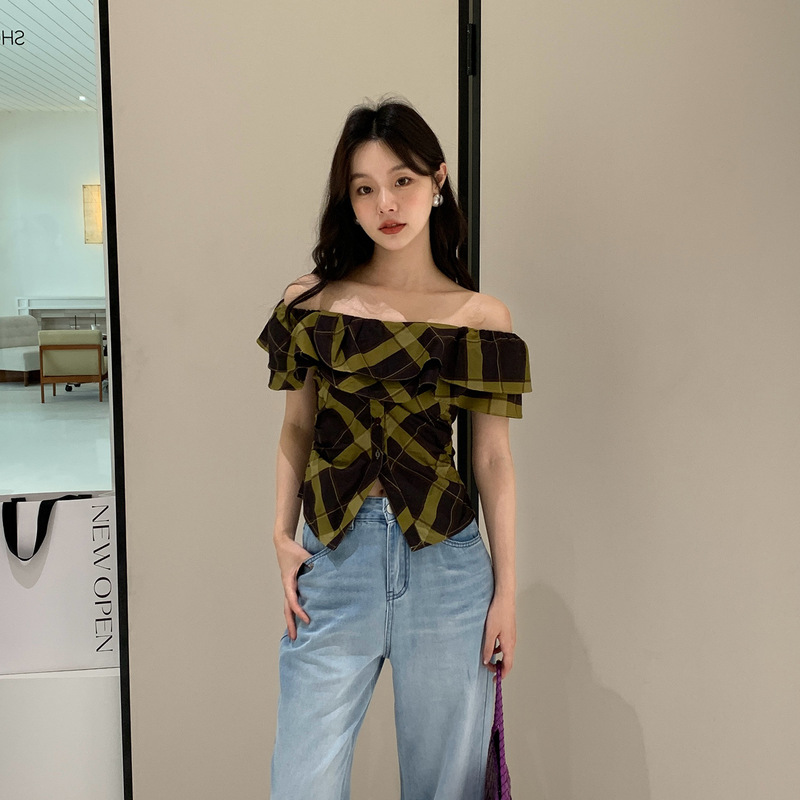 Newopen 25 Summer Retro Camouflage Ruffled One-Shoulder Short-Sleeved Shirt for Women S5795 Artistic Retro