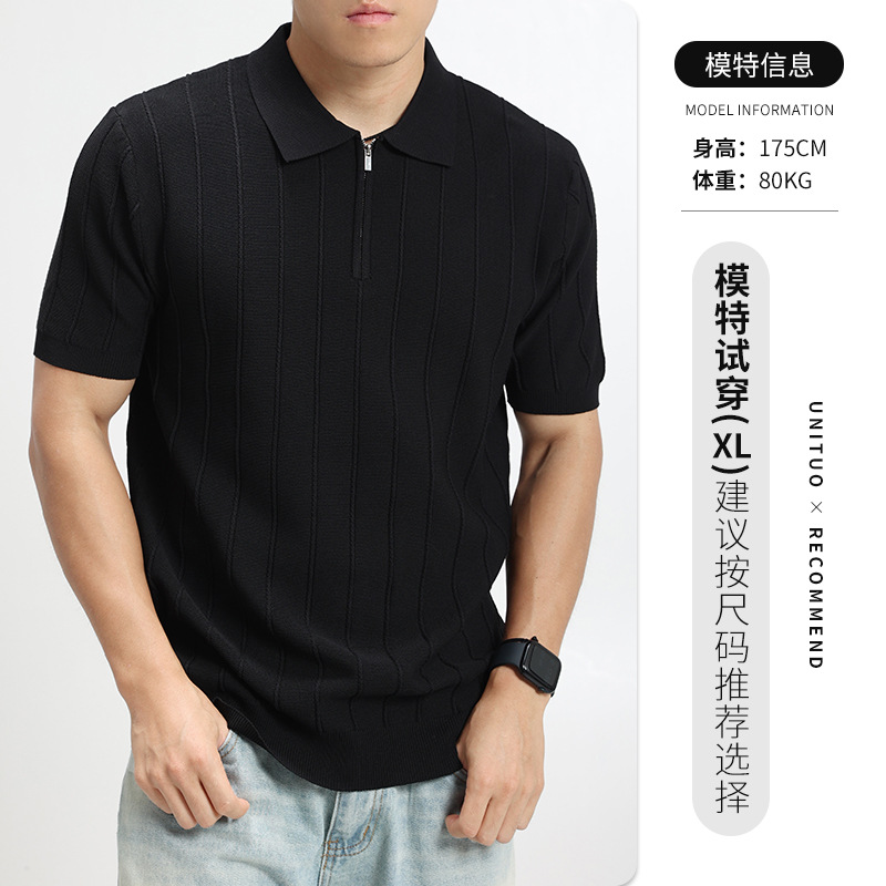 Lujo ligero de alta calidad zipper jersey polo camiseta de hombre manga corta con solapa vertical texturizada camiseta de alta calidad ropa de hombre