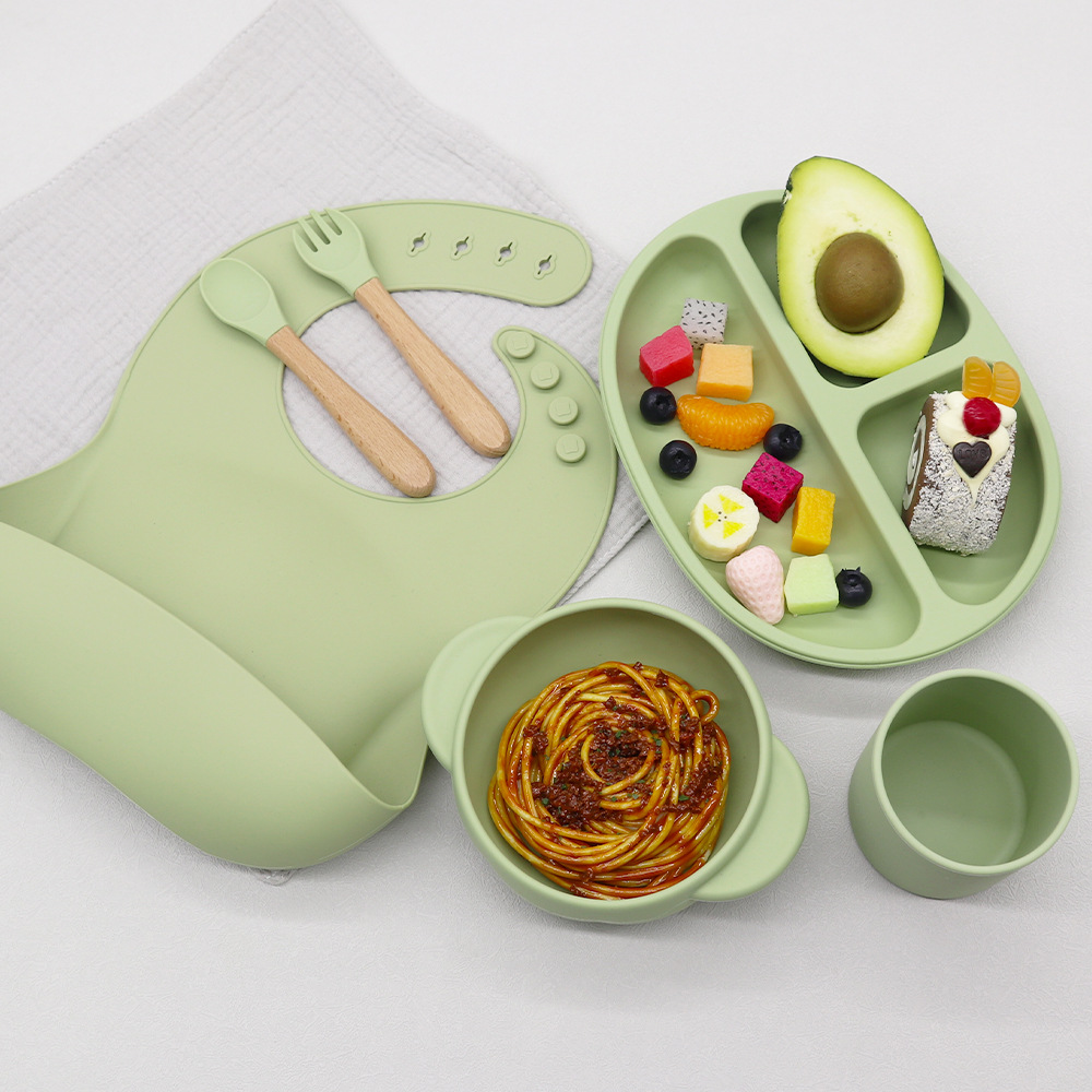 Cross-Border Wholesale Baby Feeding 6-Piece Set Silicone Dinner Plate Food Bowl Silicone Spoon Eating Training Kidsren's Tableware