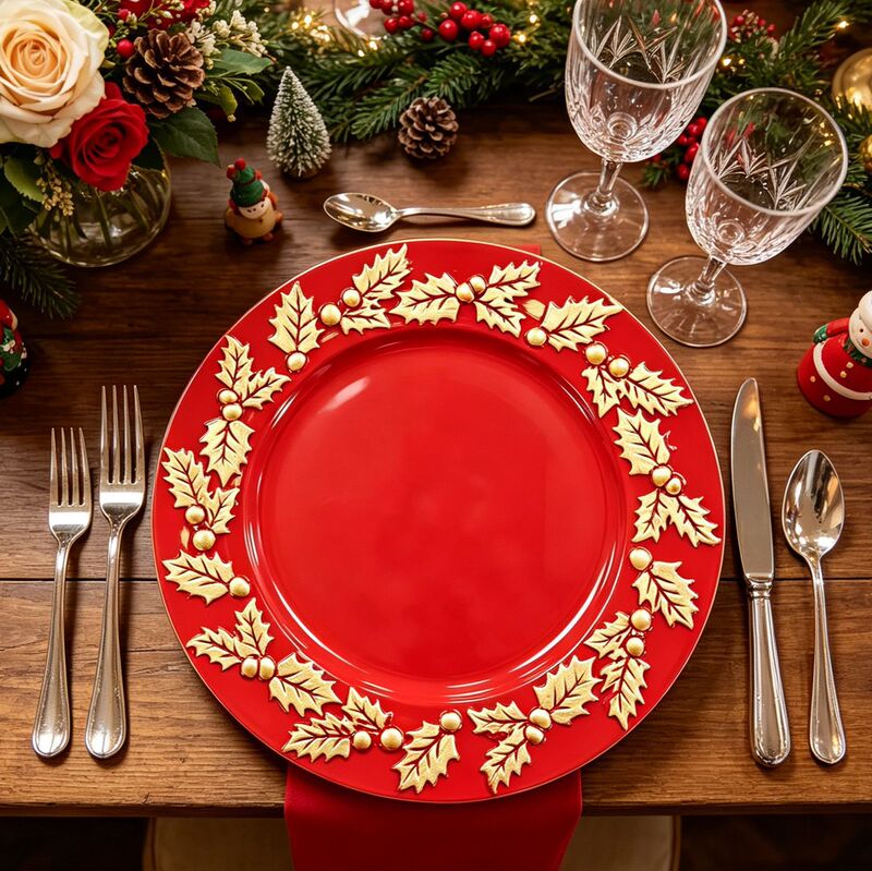 New Foreign Trade Charger Plate with Red Holly Leaves, Christmas Dinner Plate Tray, Western Restaurant Holiday Decoration Plate