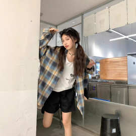 跨境美式复古撞色格子防晒衬衫男女长袖休闲宽松百搭春秋薄款衬衣