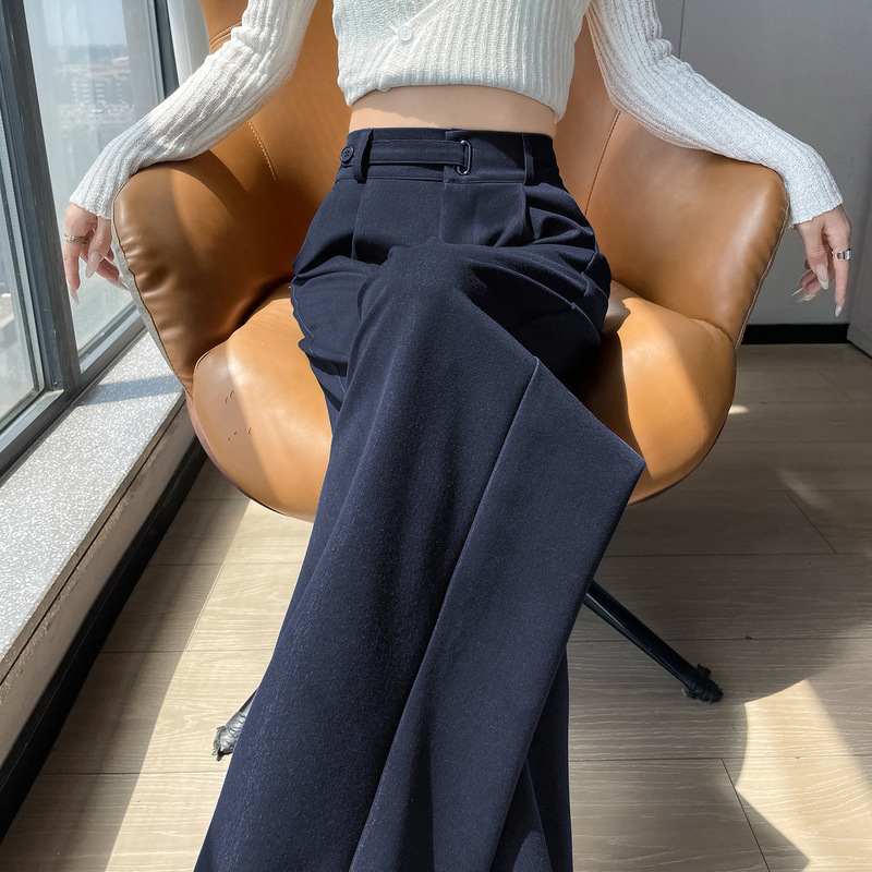 深蓝色竹节软牛仔裤女2025秋季新款高腰直筒垂感宽松阔腿裤拖地裤|undefined