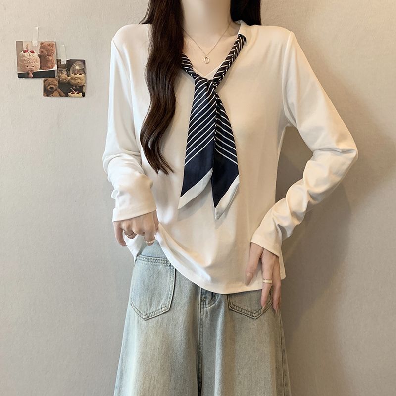 大码丝巾领正肩长袖T恤女春秋新款胖mm宽松显瘦百搭减龄外穿上衣|undefined