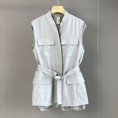 南油篙品2025早秋BC新款时尚百搭亚麻V领无袖配腰带马甲针织上衣