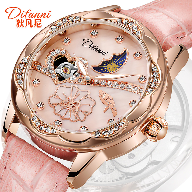 Durunwei Genuine Sun, Moon and Stars Multifunctional Waterproof Student Fully Automatic Ladies Shell Surface Mechanical Watch for Women