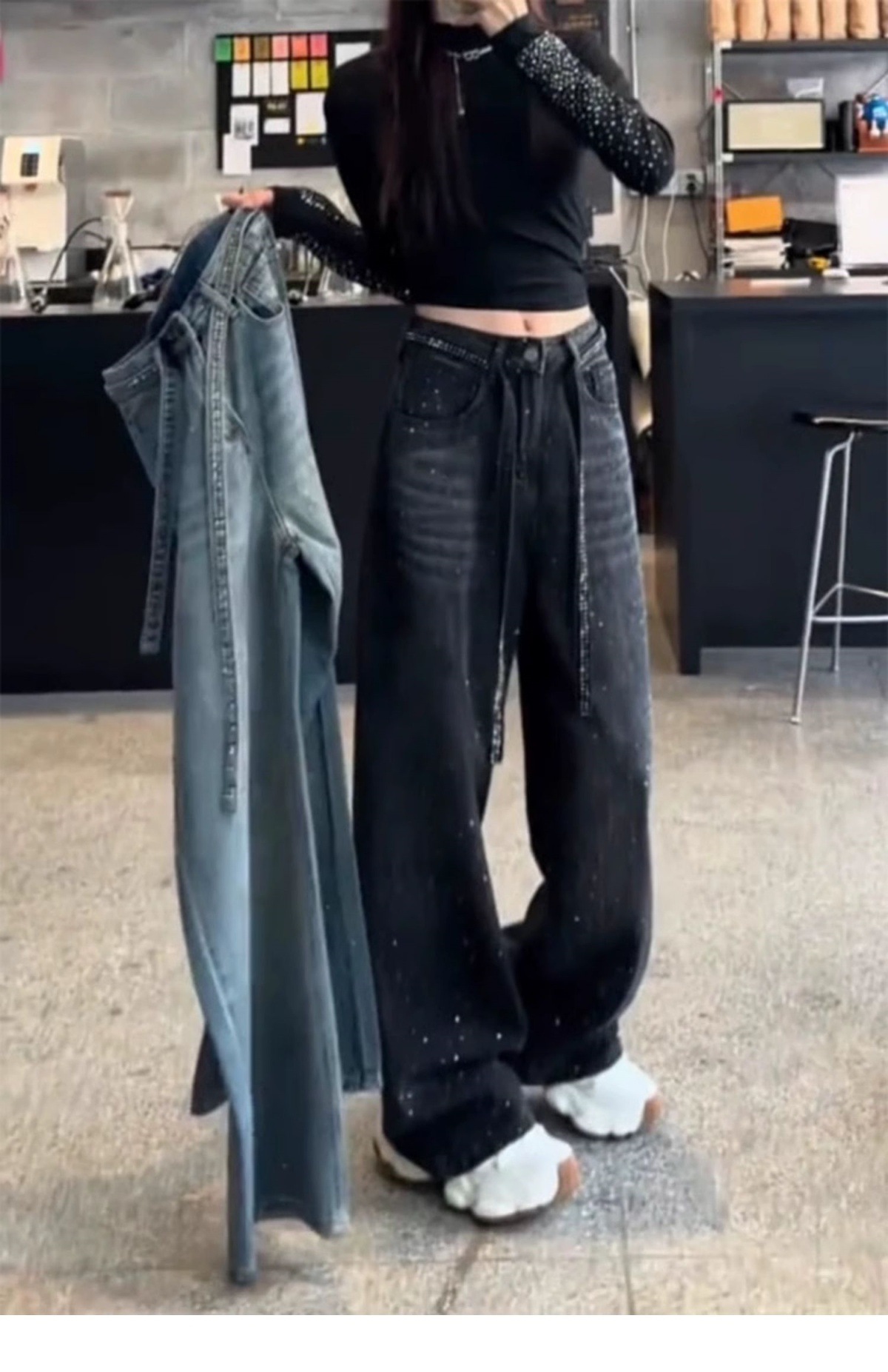 Jeans Hot Diamond con lacci di grandi dimensioni per donna 2025, nuovi pantaloni lunghi eleganti e dritti a gamba larga per ragazze grasse di grandi dimensioni_voghion.com