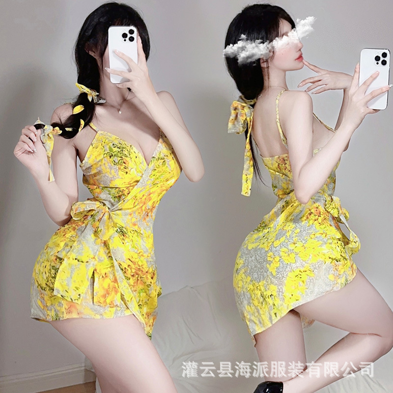 Sexy Lingerie Internet Celebrity Douyin Yellow Shirt Sexy Suspender Kimono Pajamas Passionate Free Fat mm Hot Suit