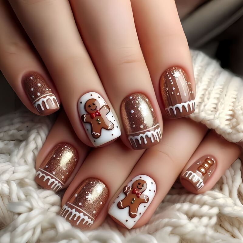 Christmas Mid-Length European Square Manicure Patches Brown Manicure Patches Removable 24-Piece Boxed European and American