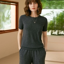 100%纯山羊绒女士圆领流苏短袖时尚气质风秋冬新款宽松休闲打底衫