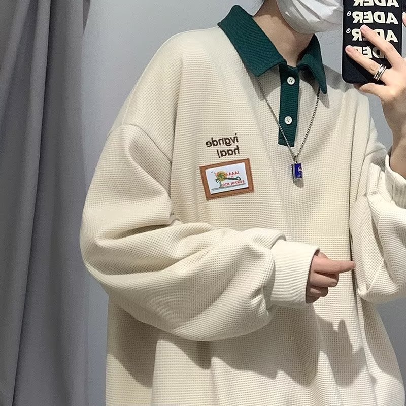 Suéter de los hombres waffle camisa polo otoño ins moda suelta japonés retro casual niños abrigo solapa