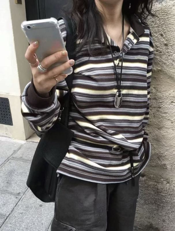 现H 韩国东大门breathe同款2025早秋长袖条纹撞色减龄POLO衫女T恤|undefined