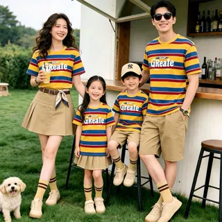 美式复古亲子装条纹字母短袖恤夏季情侣宽松国潮高街学生新款上衣
