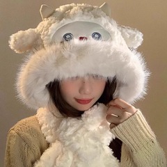 冬の新型のかわいい羊の毛の帽子の女性の帽子のマフラーの一体の厚い防寒の保温の甘い雷の前線の帽子