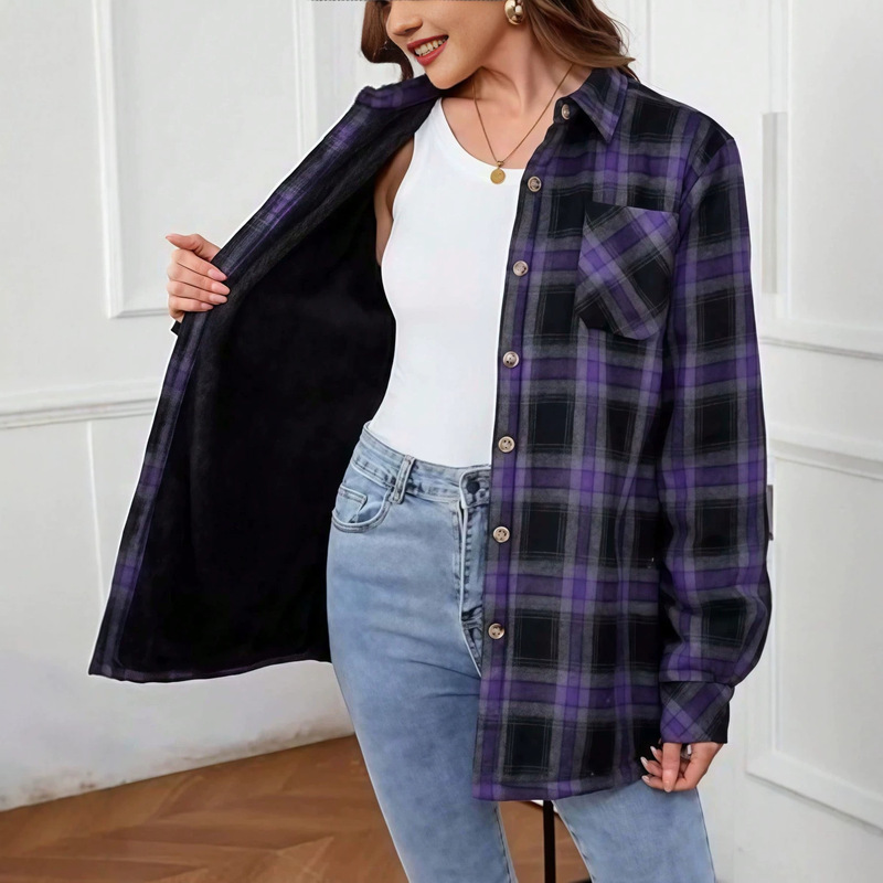 European and American cross-border women's clothing 2026 Amazon autumn, winter, spring women's plaid shirt brushed flannel office casual wear