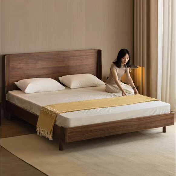 北欧现代简约全实木床北美黑胡桃1.8m双人床日式小户型悬浮床1.5m