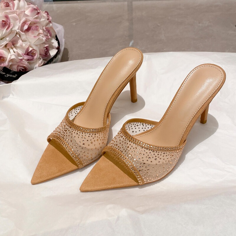 Yx Open-Toe Pointed Mesh Rhinestone Sexy Slip-On Sandals for Women 2026 Summer Outdoor Wear Elegant Stiletto High-Heeled Sandals