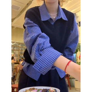 College Casual Loose Versatile Suit 2024 New Korean Style Plaid Shirt Layered Knitted Vest Waistcoat