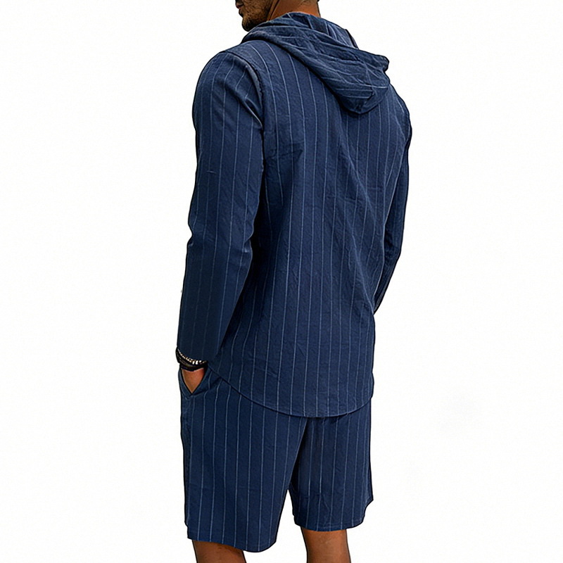 Men's Linen Long Sleeve Hooded Henley Shirt With Shorts Set, Jacquard Vertical Stripe Pattern, Relaxed Fit For Summer Commute And Casual Wear_viptrois.com