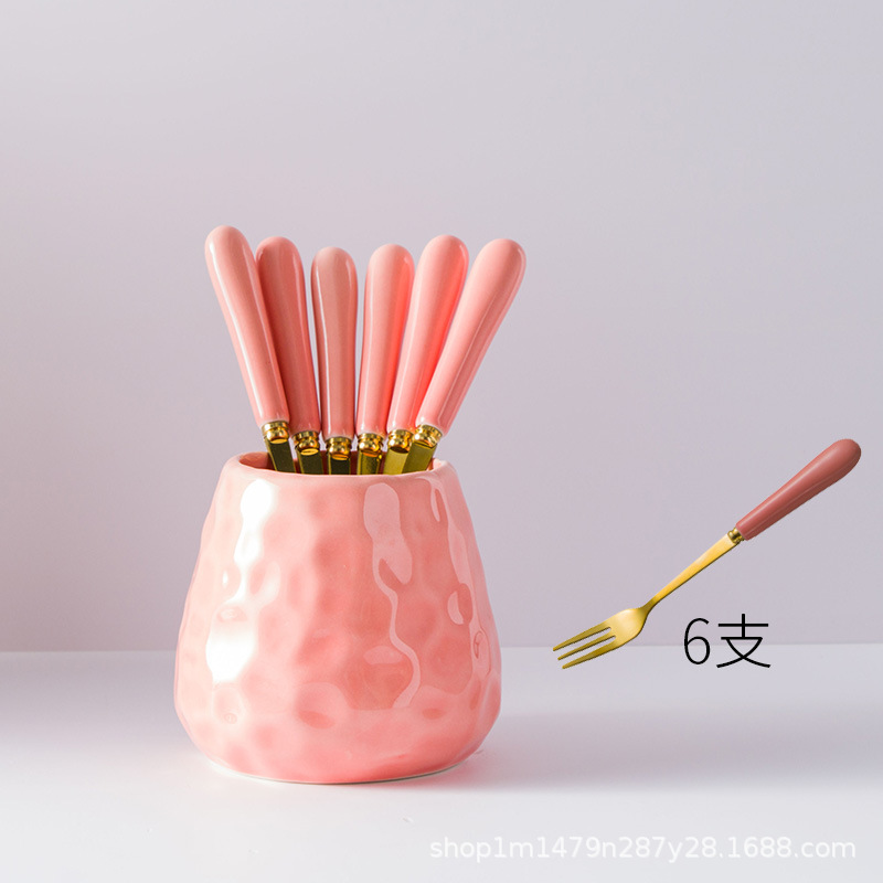 Creativo lindo Tenedor de fruta de cerámica de acero inoxidable palo de fruta Tenedor de postre de los niños del hogar pequeño tenedor traje de comer fruta