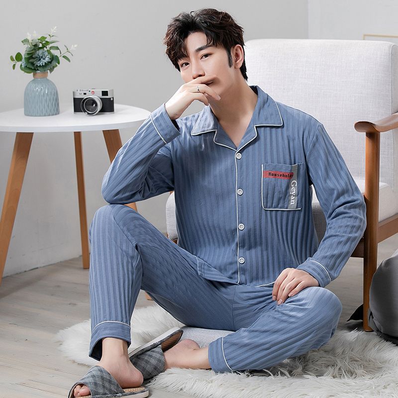Pijama de hombre de algodón primavera y otoño delgado cardigan de manga larga