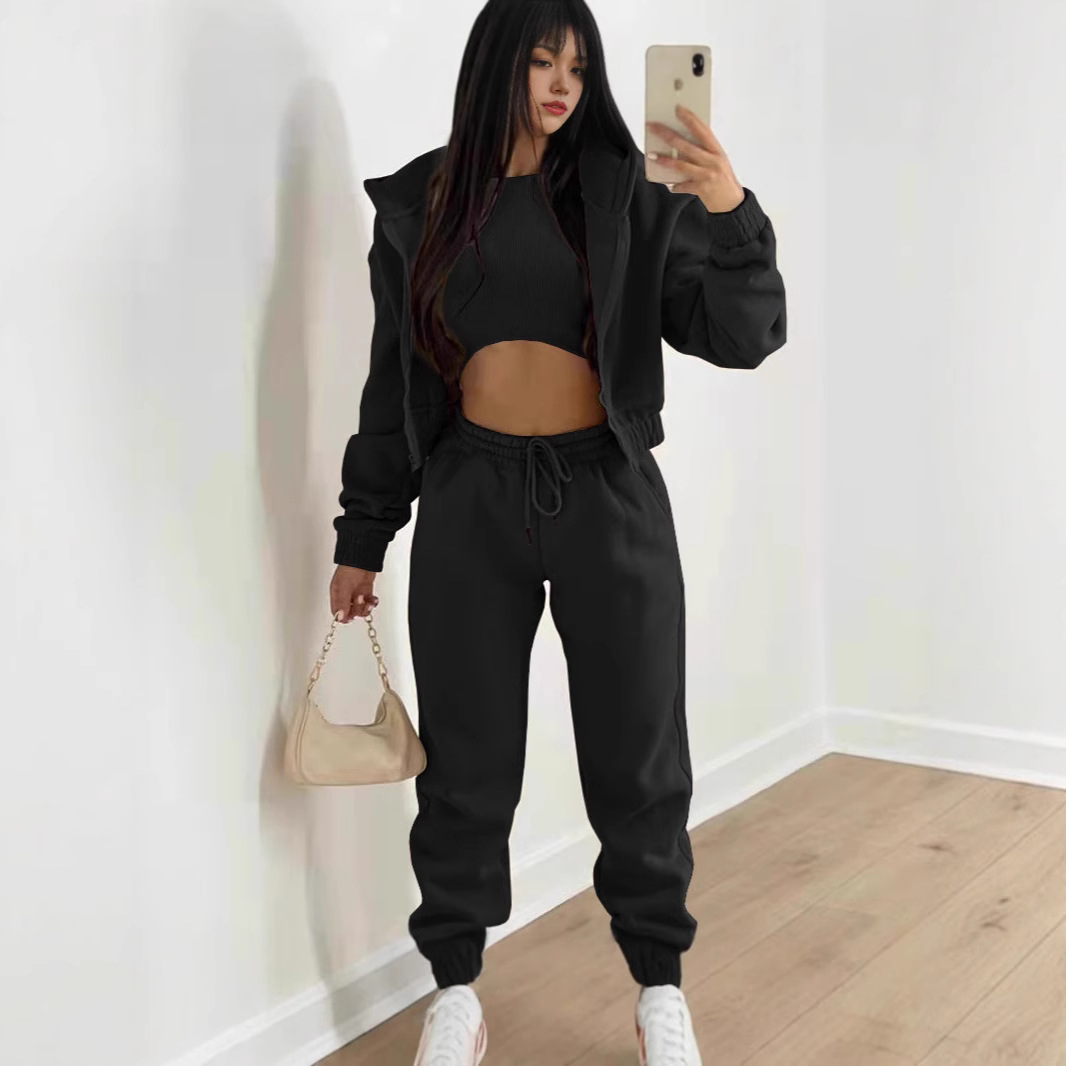 Pantalones largos de tres piezas para mujer, estilo europeo y americano, con forro polar, sudadera con capucha, moda deportiva informal de invierno_voghion.com