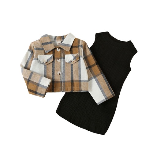 Baoxin European and American foreign trade children's clothing autumn and winter British plaid brushed jacket knitted dress two-piece girl suit