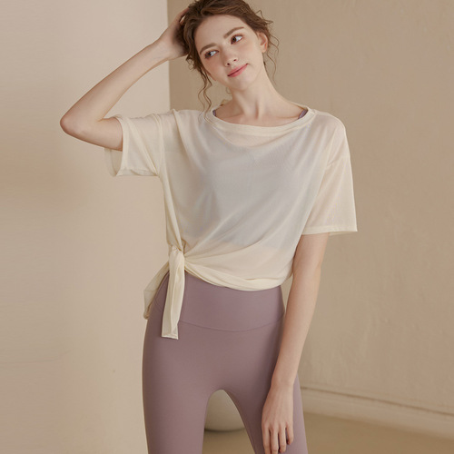 Loose and lightweight sports blouse for women, ice silk-like breathable yoga wear, short-sleeved T-shirt tops, quick-drying running fitness clothes
